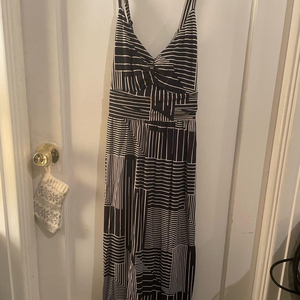 LOFT Navy Blue & White Stripe Print Cross Back Maxi Dress
